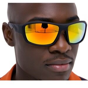 Mens Sport Sunglasses Mirrored Lenses Black Frame Wrap Around Style Athletic New